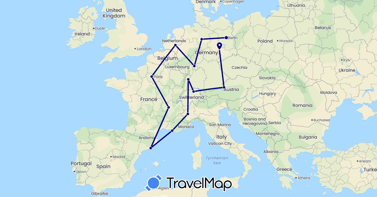 TravelMap itinerary: driving in Austria, Switzerland, Germany, Spain, France, Italy, Netherlands (Europe)